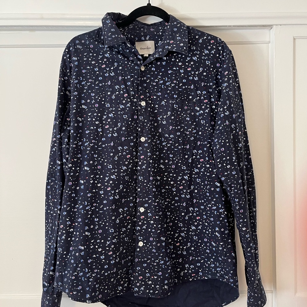 Steven Alan long sleeve navy leopard print button up dress shirt